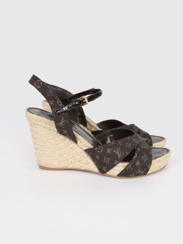 LOUIS VUITTON Monogram Idylle Majorca Espadrille Wedge Sandals 38.5 Fusain  675846