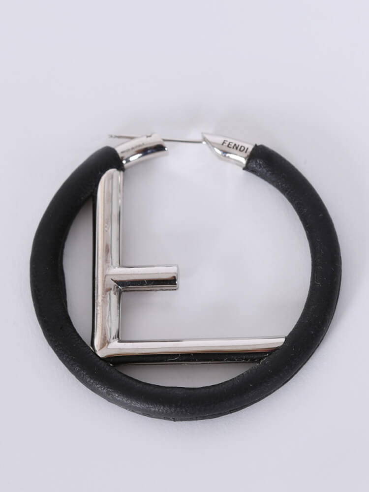 Fendi Logo Nappa Leather Hoop Earrings in Black