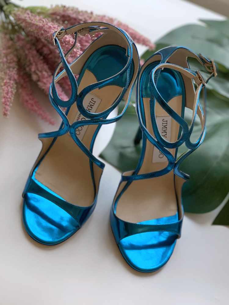 Jimmy Choo - Lang 100 Metallic Leather Sandals Blue 37,5 | www