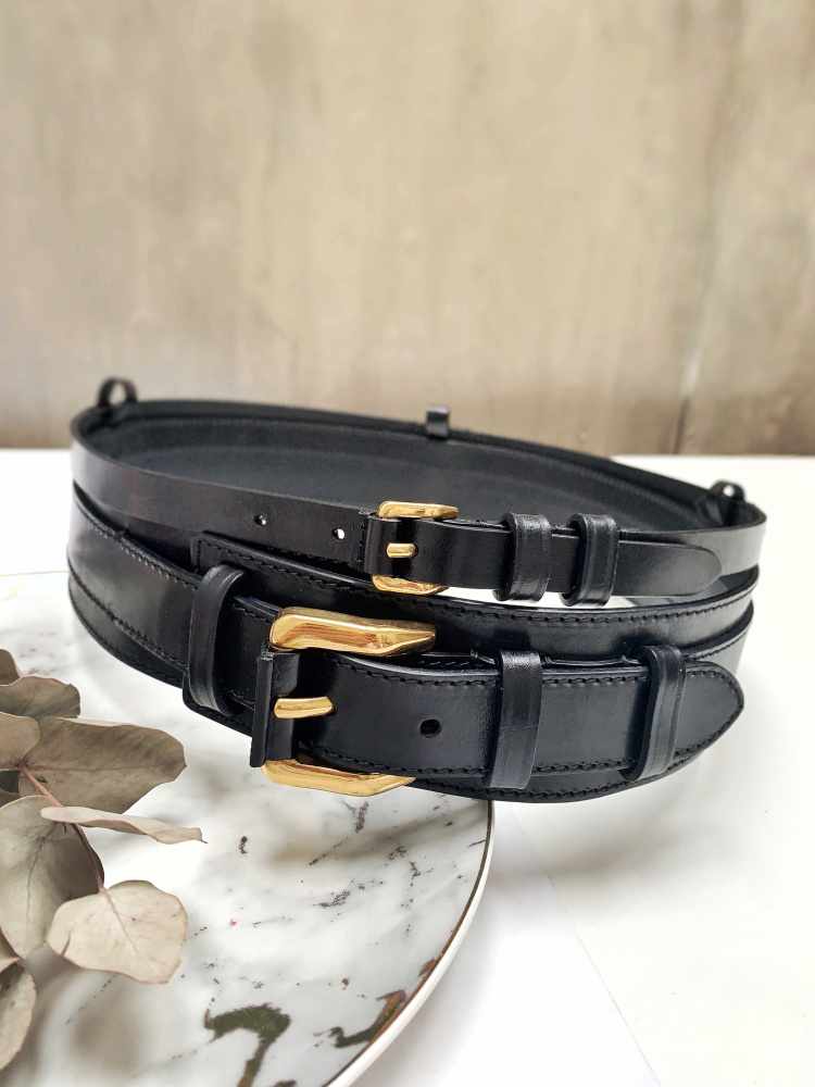 BURBERRY Grey & Tan Python & Leather Wide Double Buckle Waist Belt  - 80/32" $850