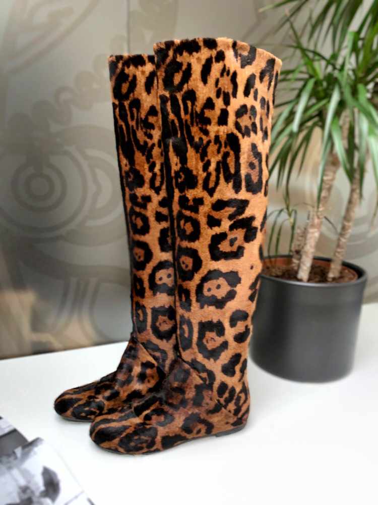 Giuseppe Zanotti - Leopard Print Calf Hair Over Knee Flat Boots 37