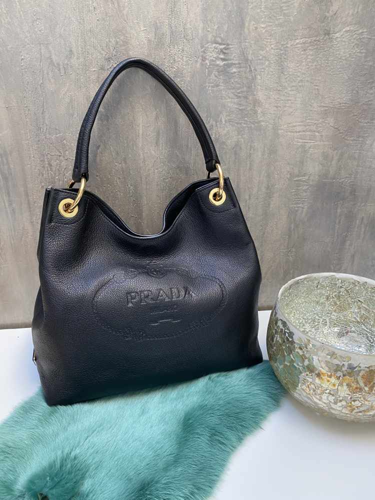 Prada - Embossed Logo Vitello Daino Hobo Bag Nero 